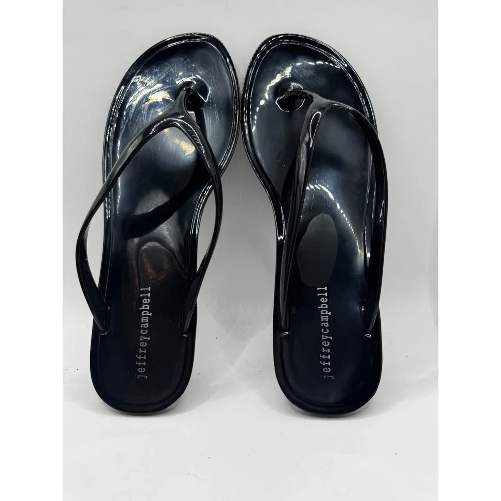 Jeffrey Campbell Womens Black Jelly Flip Flop Sandals Glossy Thong Flat Size 7